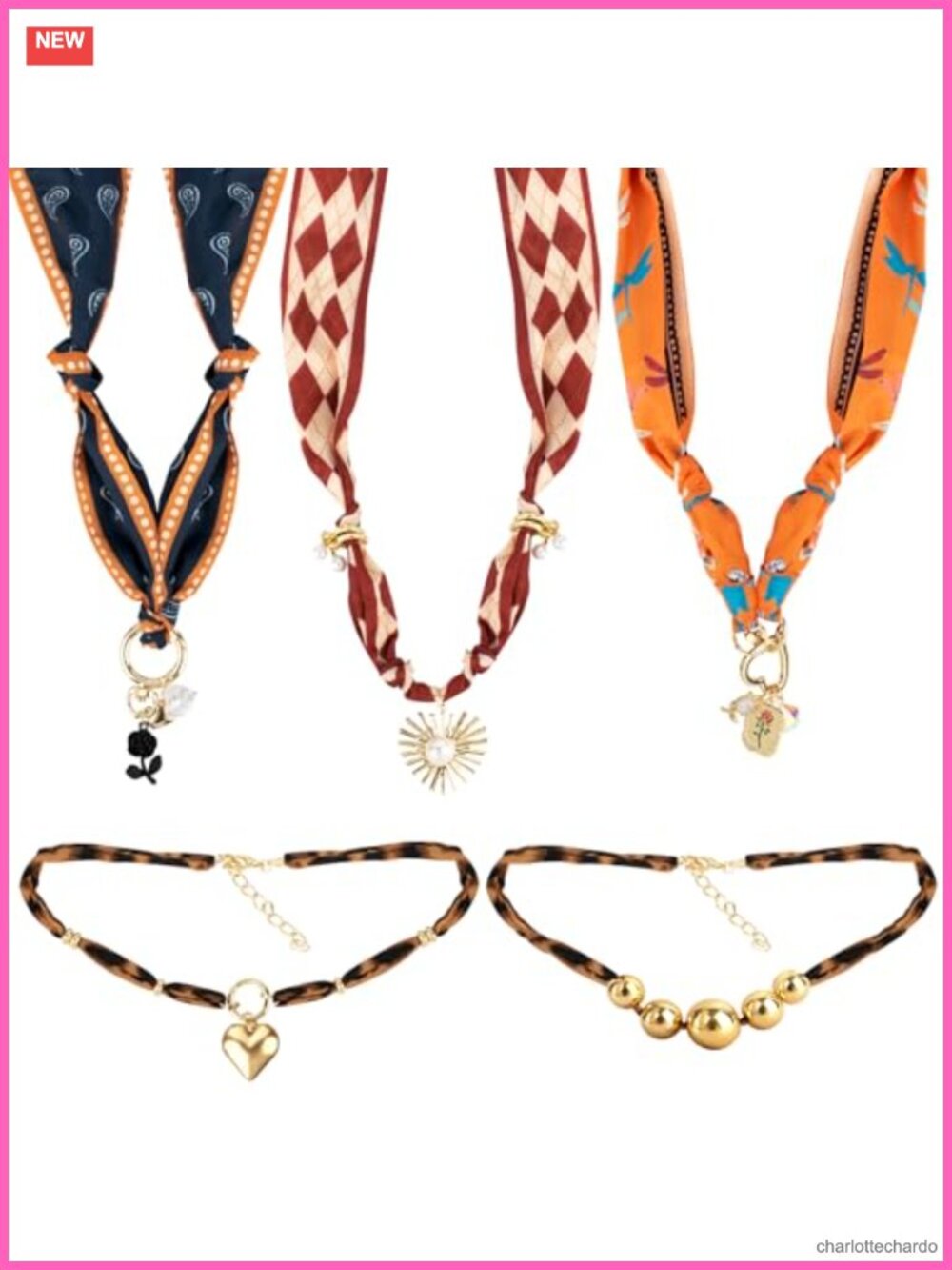 5 Pack Scarf Necklace with Charms Silk Bandana Pendant Adjustable